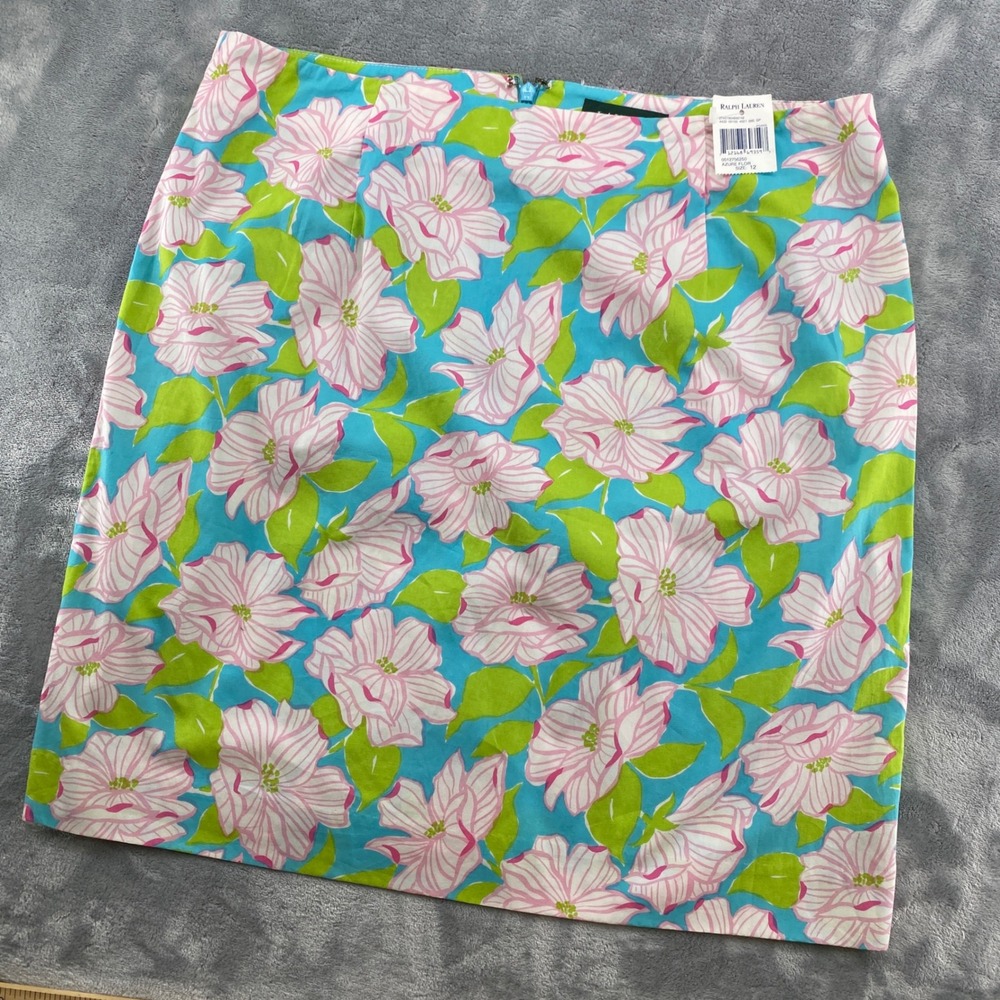 Lauren Ralph Lauren Azure Flor Pink Blue‎ Floral Cotton Pencil Skirt 12 NEW
